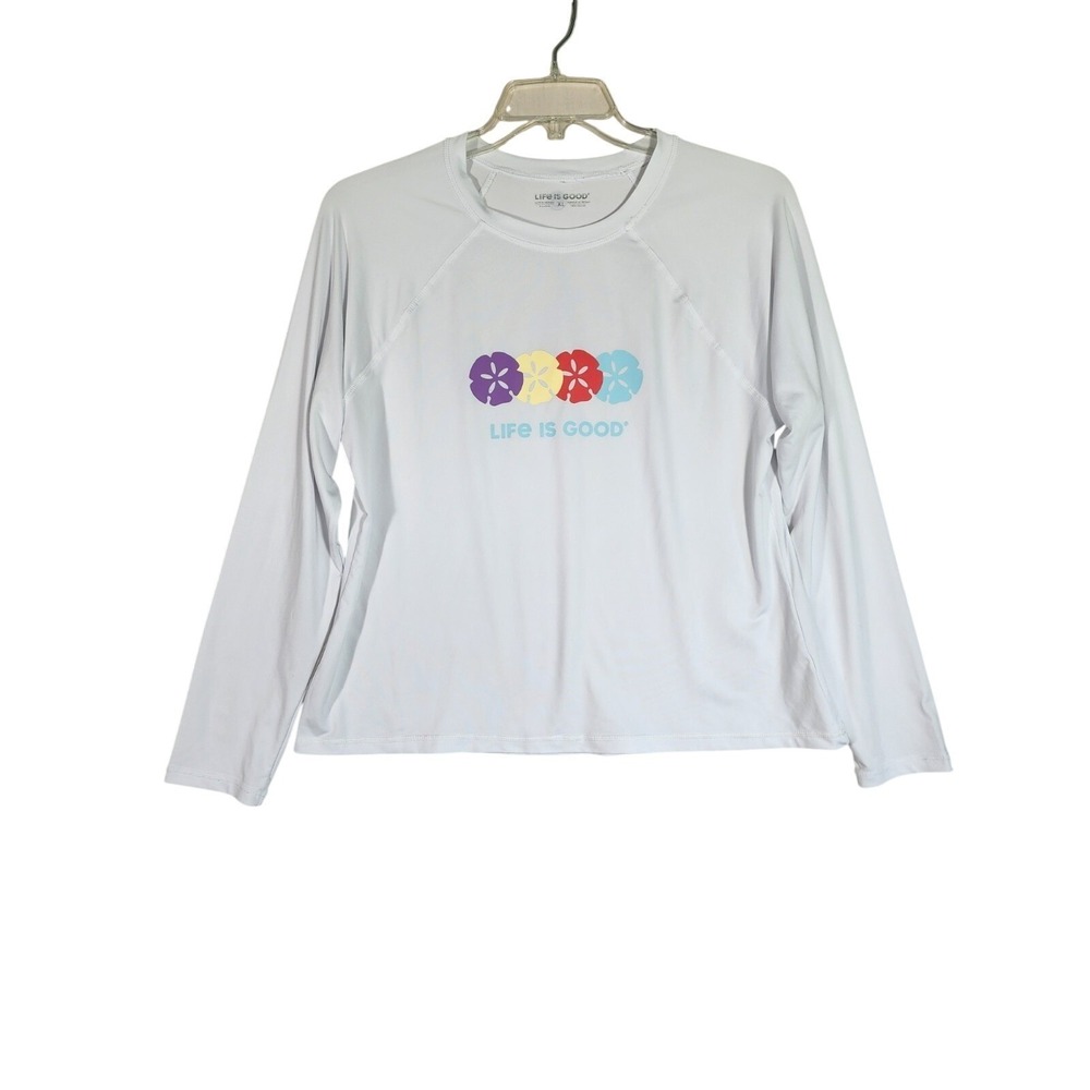 Life Is Good Women XL White UPF Beach Rash Guard Sand Dollar Shirt Swim Coastal